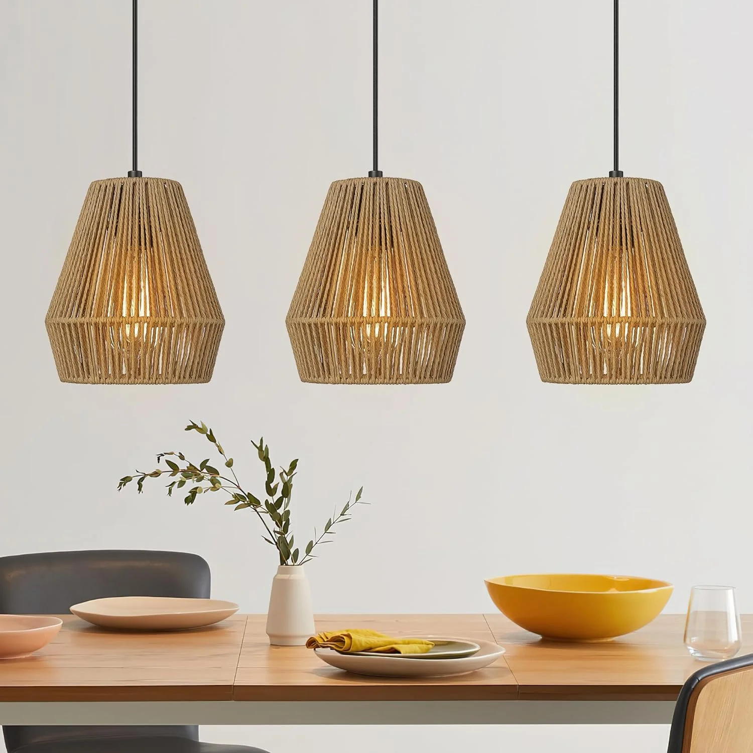 GOURE 3 Pack Woven Pendant Lights, 7” Modern Boho Hanging Lamp with Handwoven Woven Rattan Shade, Adjustable Farmhouse Coastal Pendant Light Fixtures for Kitchen Island,Dining Room,Bar, Foyer Hallway