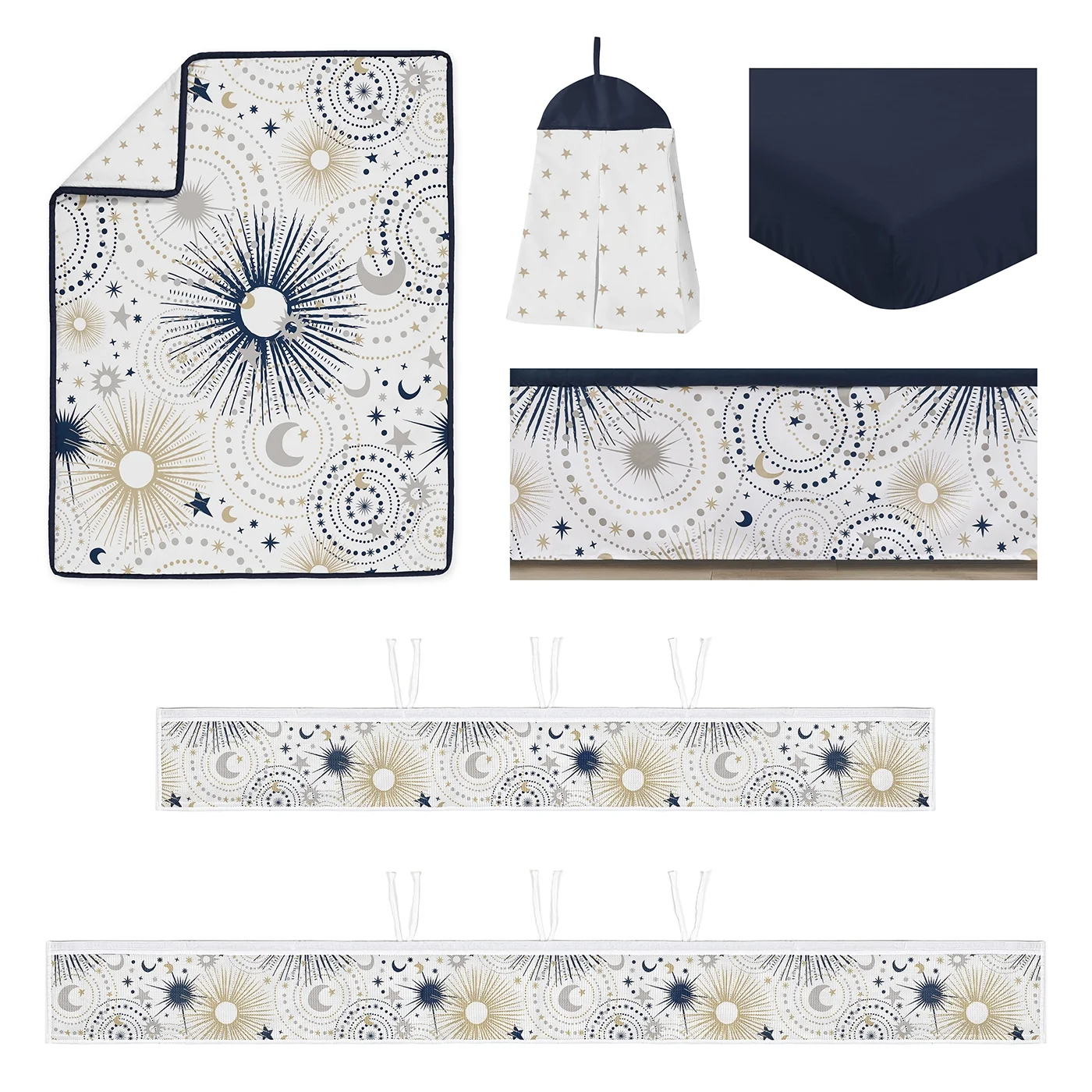 Celestial Navy Blue and Gold Sweet Jojo Designs 6 Piece Crib Bedding + BreathableBaby Breathable Mesh Liner Boy or Girl Gender Neutral Unisex by Sweet Jojo Designs