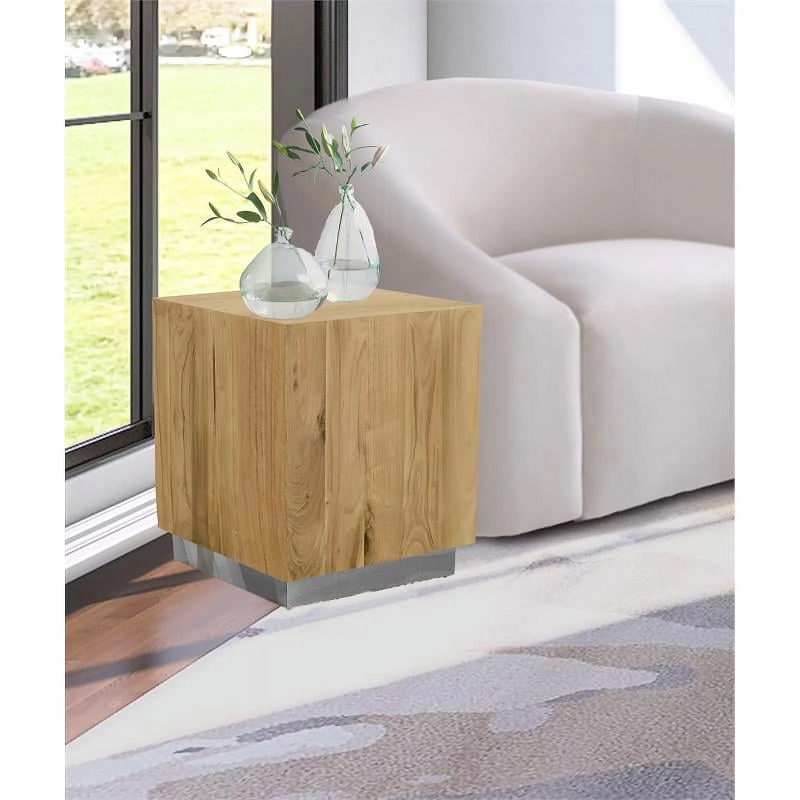 Meridian Furniture Acacia Wooden Top End Table with Durable Chrome Metal Base