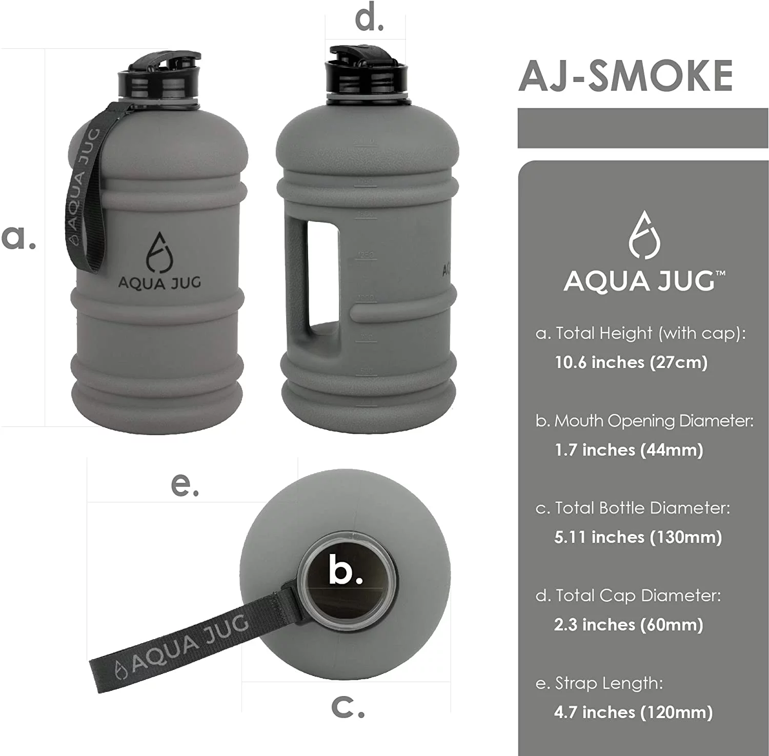 Aqua Jug Big Water Bottle, Dishwasher Safe BPA Free Drinking Water, Smoke Gray 2.2L, Great for Gym Fitness Workout Sports Hiking and more