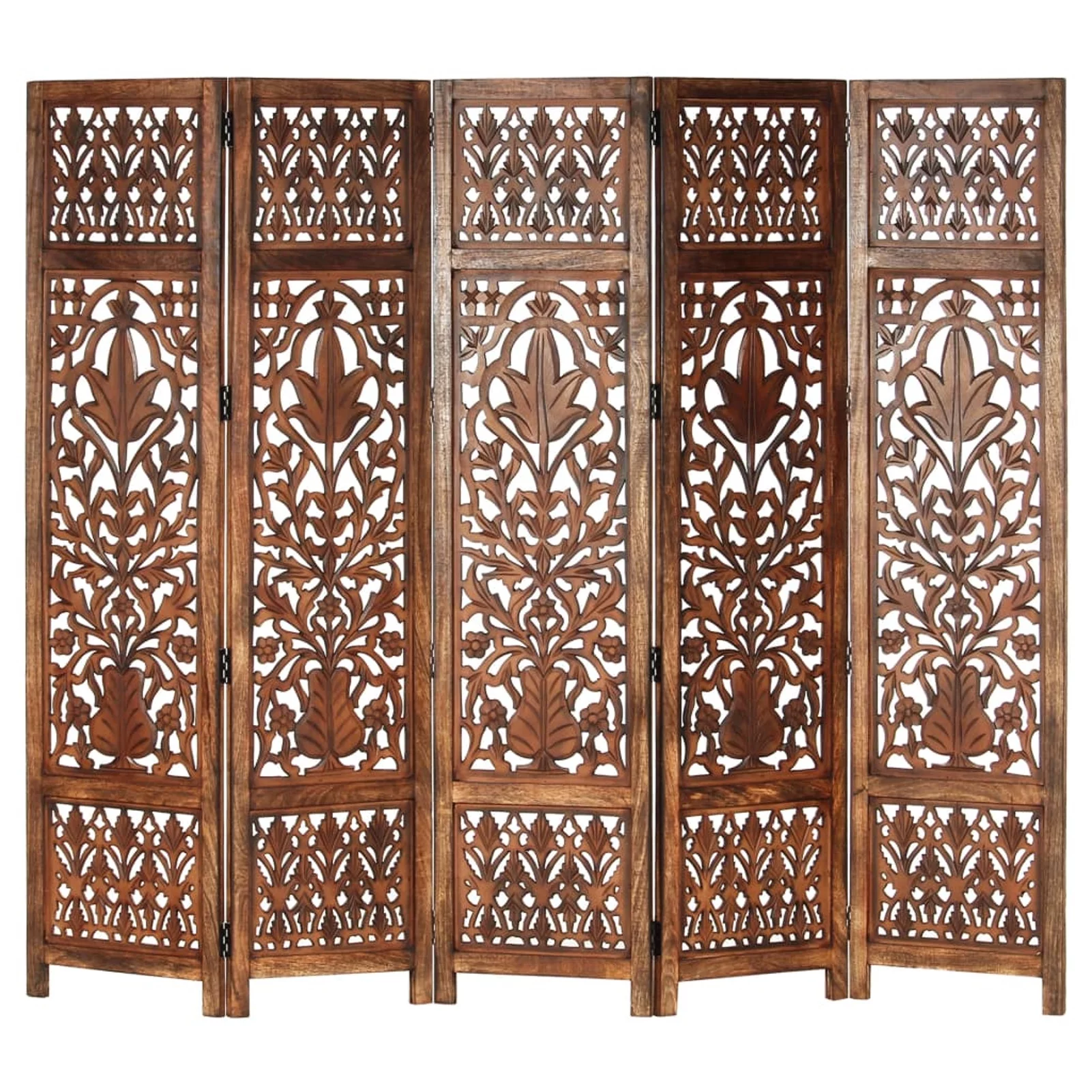 Uteam Room Divider 5-Panel Hand Carved Solid Mango Wood Brown 78.7x65
