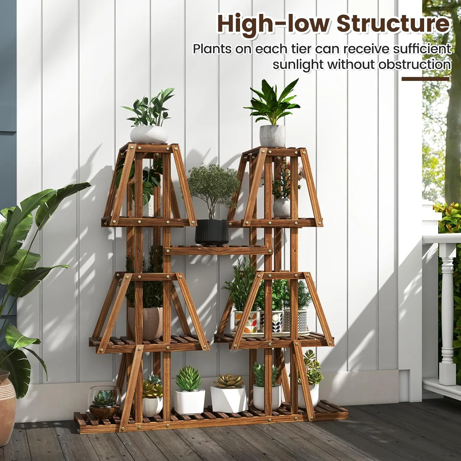 Wood Plant Stand, 5-Tier 10 Pots Plant Display Rack for Multiple Plants, Tall Corner Plant Organizer, Indoor Outdoor Flowerpot Holder for Living Room Balcony Garden Patio