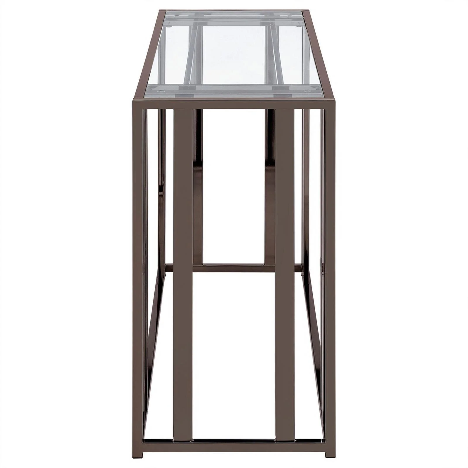 Pemberly Row Metal Rectangular Glass Top Sofa Table in Clear and Black Nickel