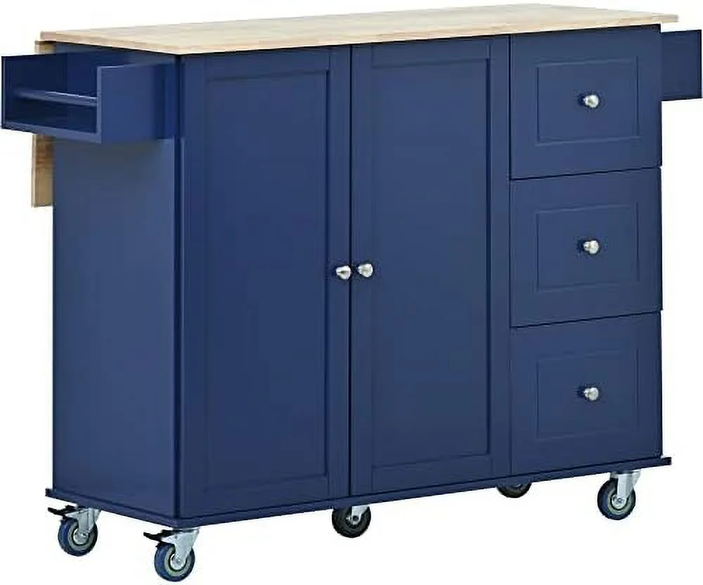 HYHBIBOOM Rolling Kitchen Island Cart with Folding Drop Leaf and  Cabinets  Kitchen Cart on Wheels with Spice Rack  Towel Rack and 3 Drawers  Dark Blue