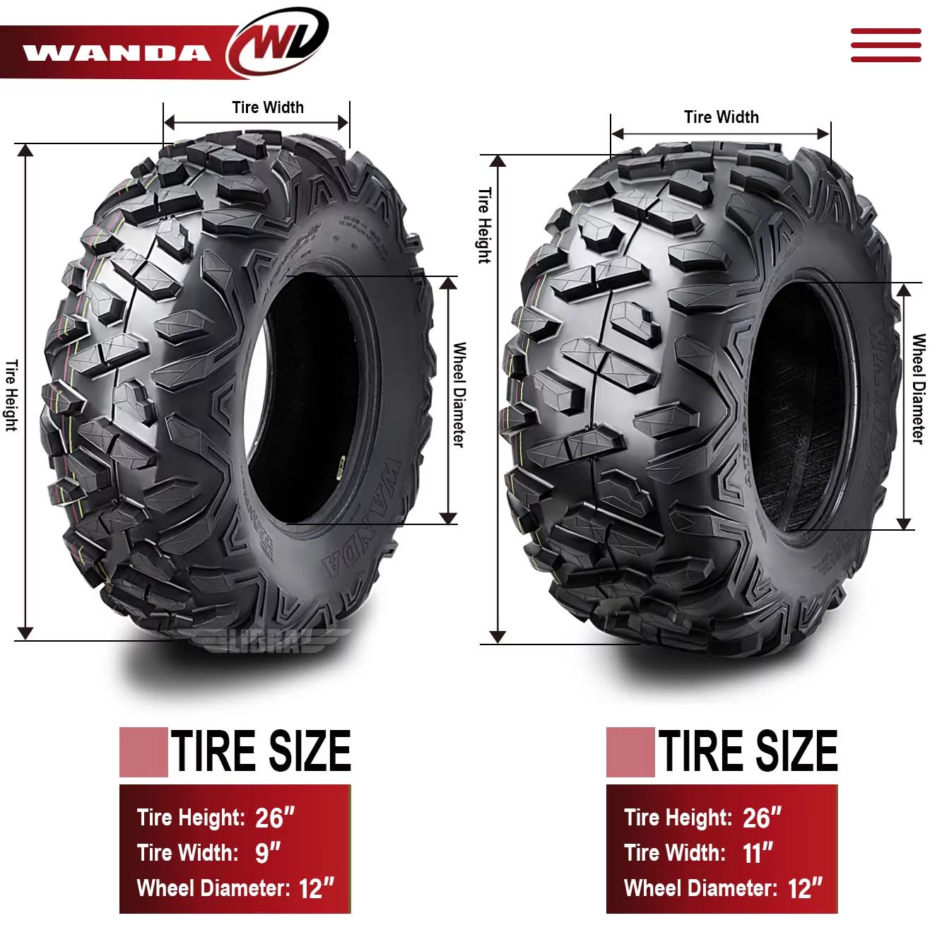 Wanda ATV/UTV Tires 26x9R12 Front & 26x11R12 Rear /6PR P3501 - 10179/10180, Set 4