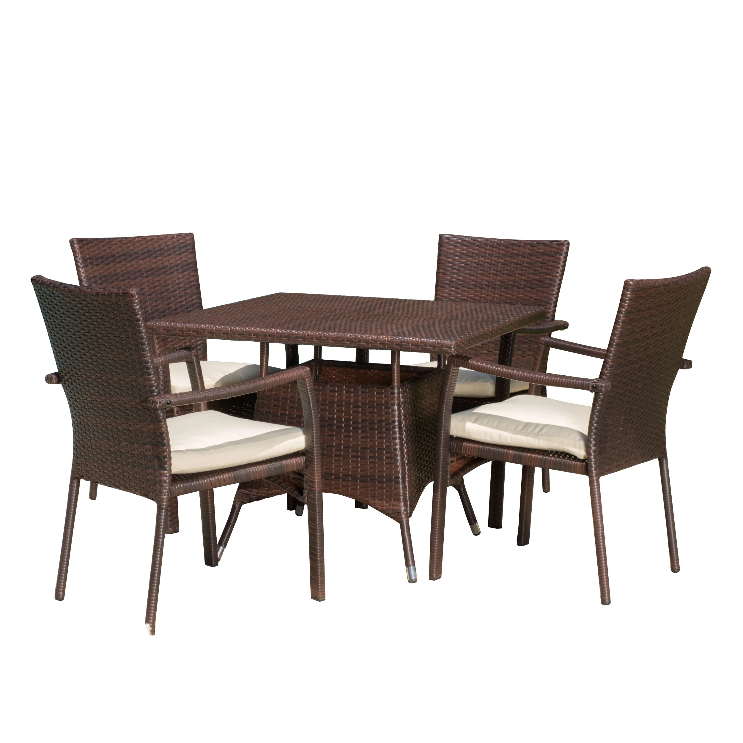 GDF Studio Rayne Outdoor Wicker 5 Piece Dining Set with Cushion, Multibrown and Cream