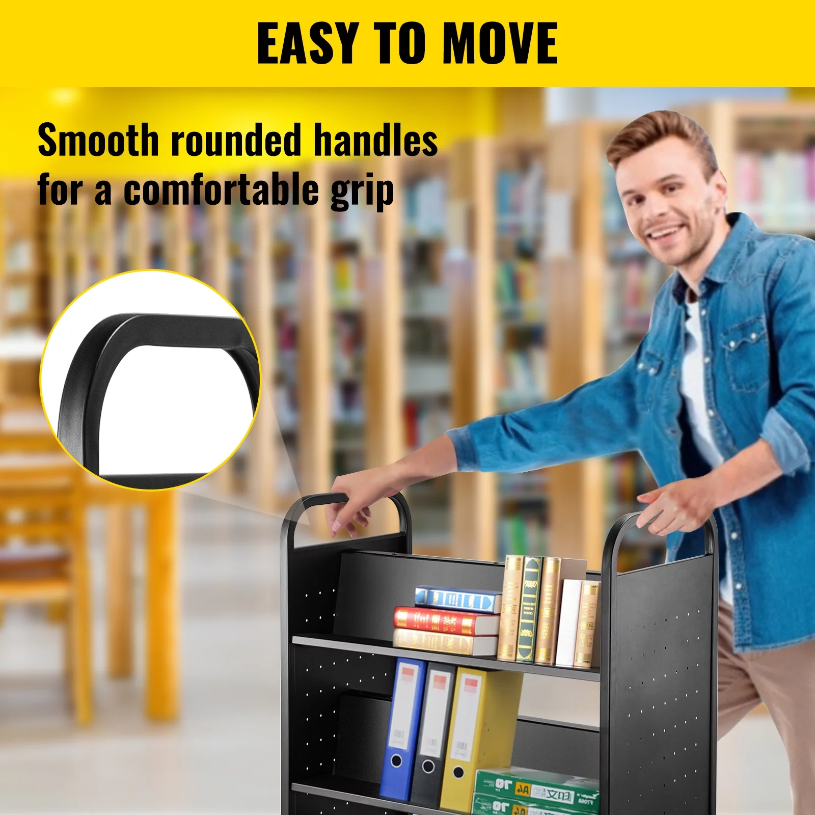 BENTISM Book Cart Library Cart 200lb w/ Double Sided W-Shaped Sloped Shelves Black