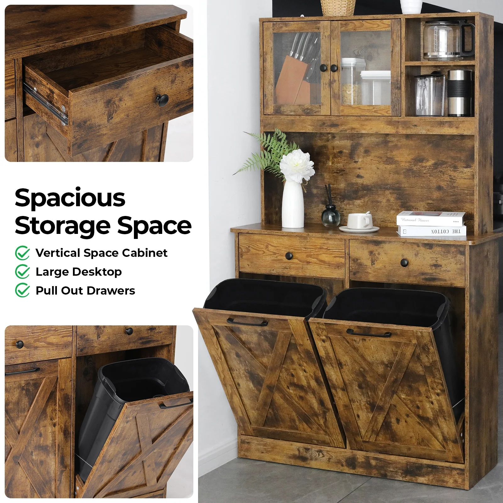 LAZY BUDDY Dual Tilt Out Trash Cabinet, 20 Gallon Kitchen Hidden Garbage Can Cabinet Tall Freestanding Kitchen Pantry Cabinet, Brown