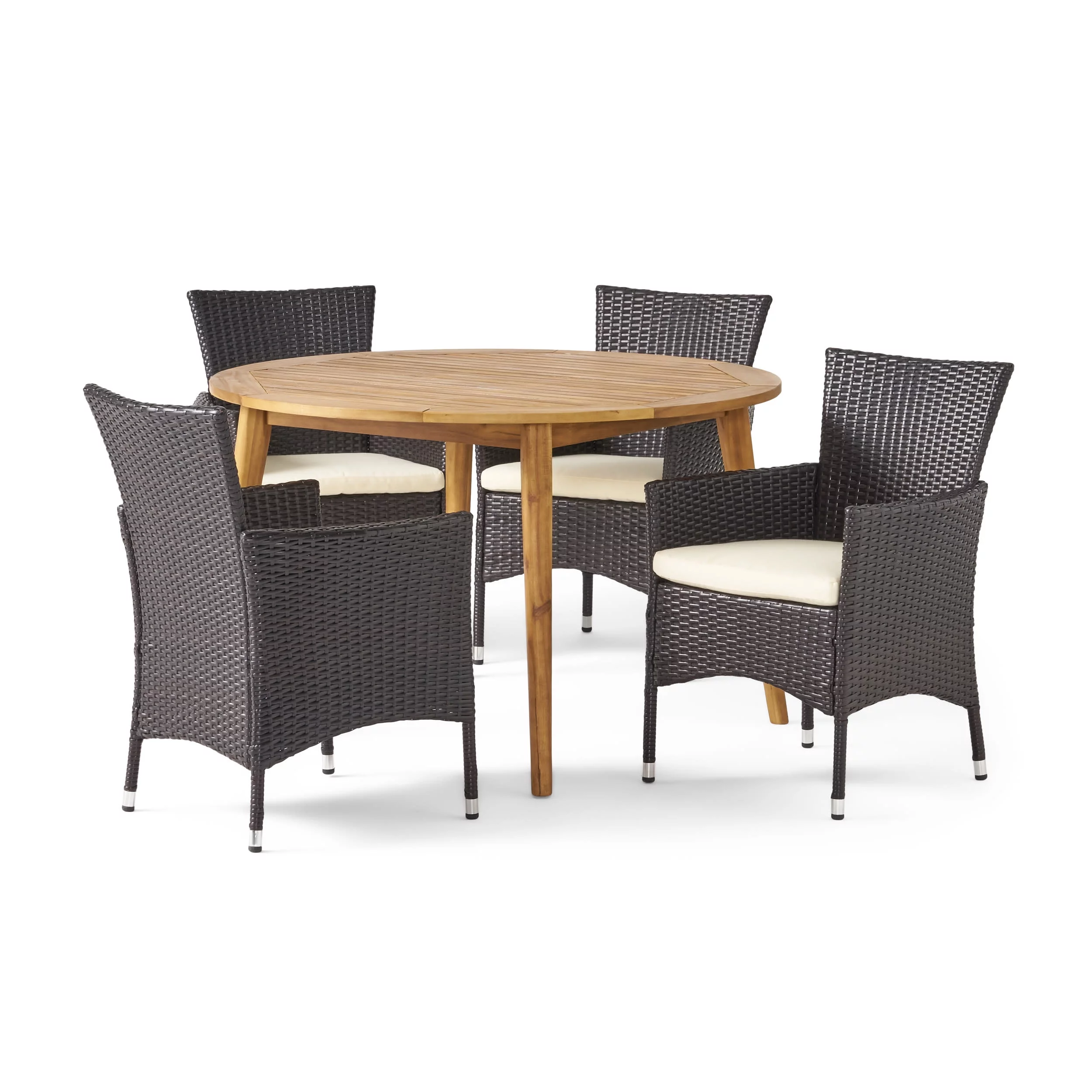 GDF Studio Philippa Outdoor Acacia Wood and Wicker 5 Piece Dining Set with Cushion, Teak, Multibrown, and Beige