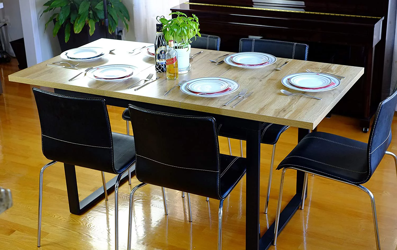 Inspirer Studio Modern Style Extendible Dining Table MDF with Black Metal Legs in Light Brown Wooden Color