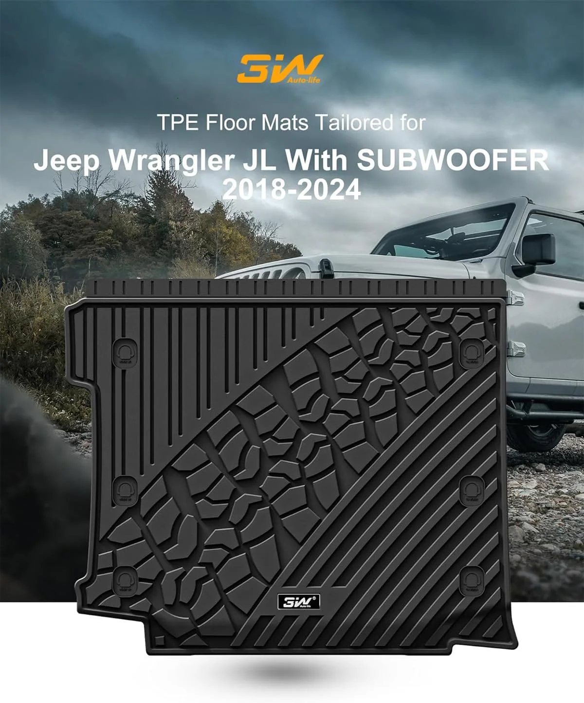 3W Cargo Liner Fit for Jeep Wrangler JL with SUBWOOFER 2018-2024 (Non JK or 4XE) TPE All Weather Custom Fit Trunk Liner for JL Unlimited 4-Door with SUBWOOFER Black