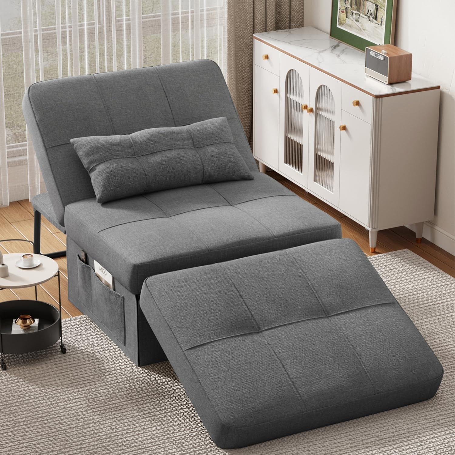 Lofka Convertible Single Chair Bed with One Pillow and Side Pocket, Linen 4-in-1 Sofa Bed for Living Room, Bedroom, Apartment, Dorm Room, Office, Dark Gray