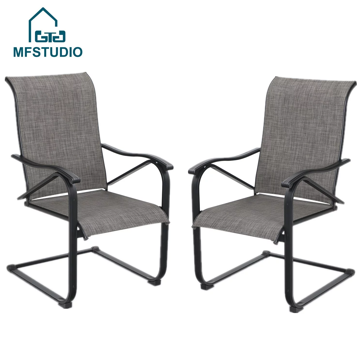 MF Studio Set of 2 Outdoor Patio  Dining Chairs with C-shape Rocking and Textilene Seat, Gray