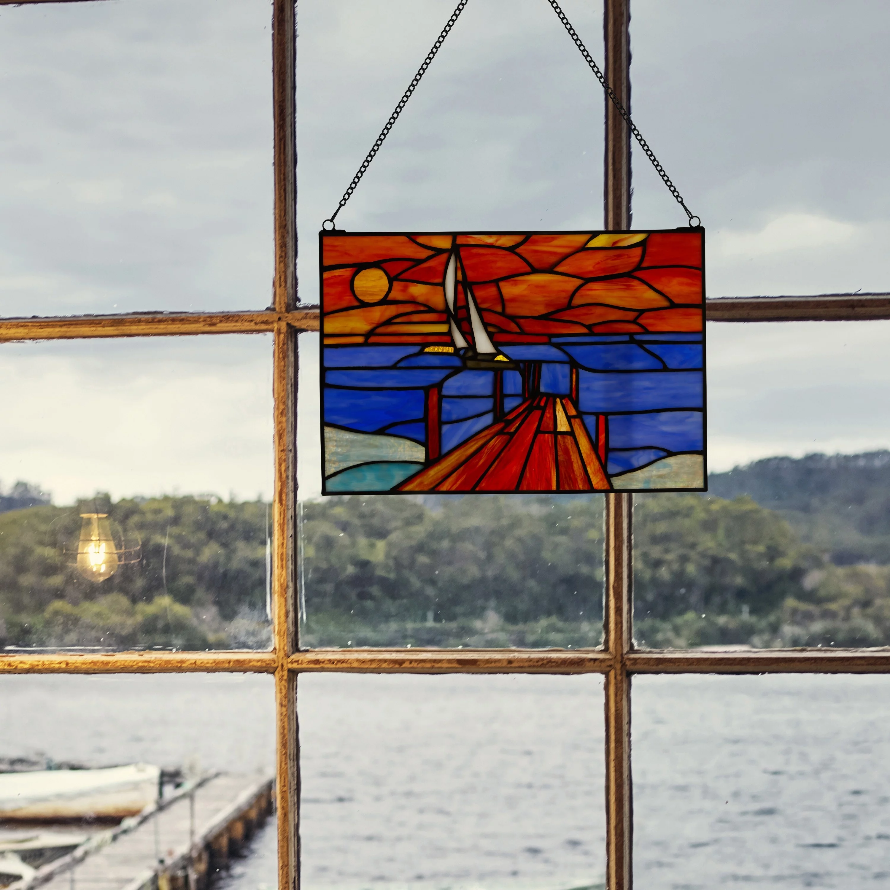 River of Goods  Sailboat at Sunset  Stained Glass Window Panel - 14