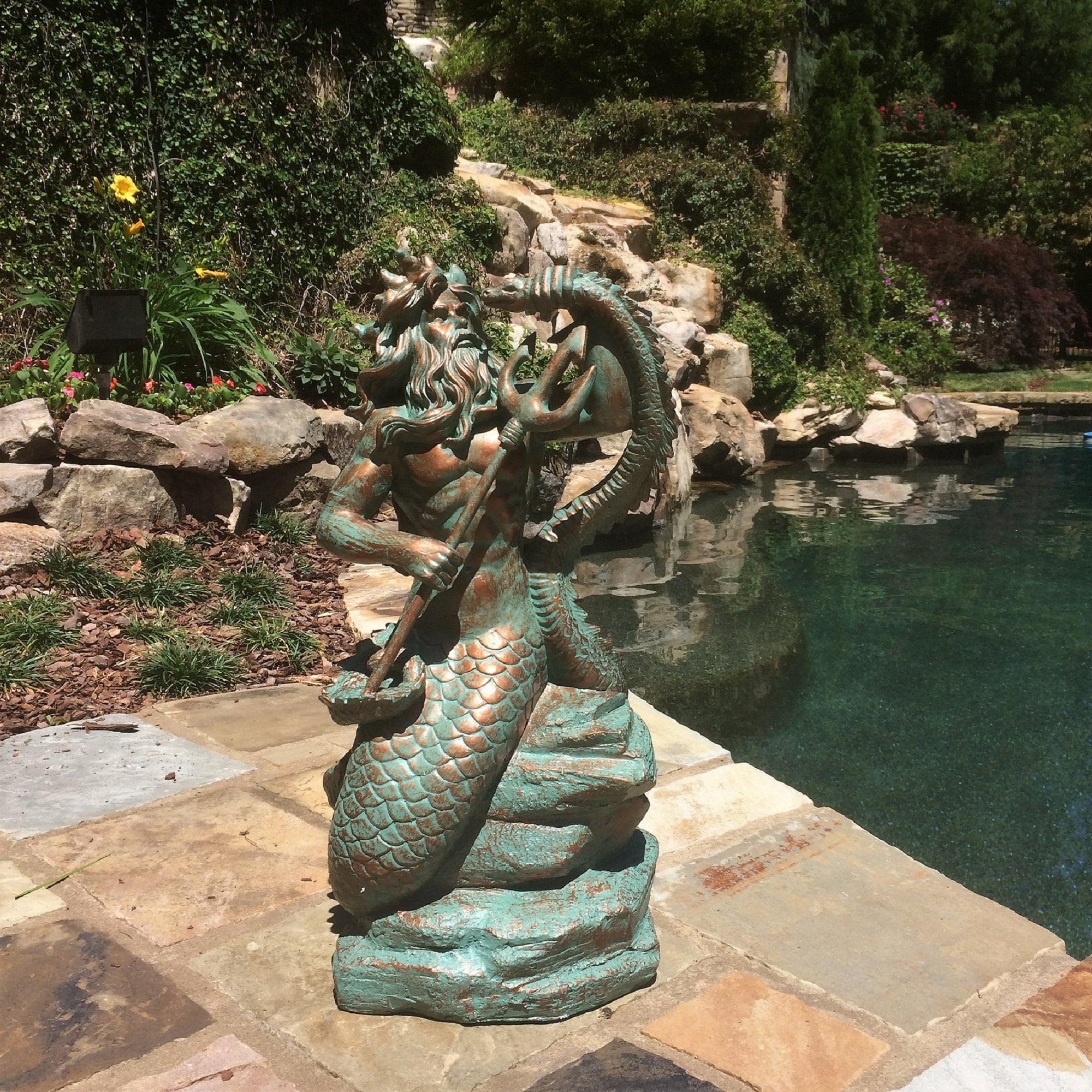 Homestyles 22 in. Bronze Patina Poseidon Ruler of Sea Sitting on Rock Nautical Beach Extra Large Mermaid Statue