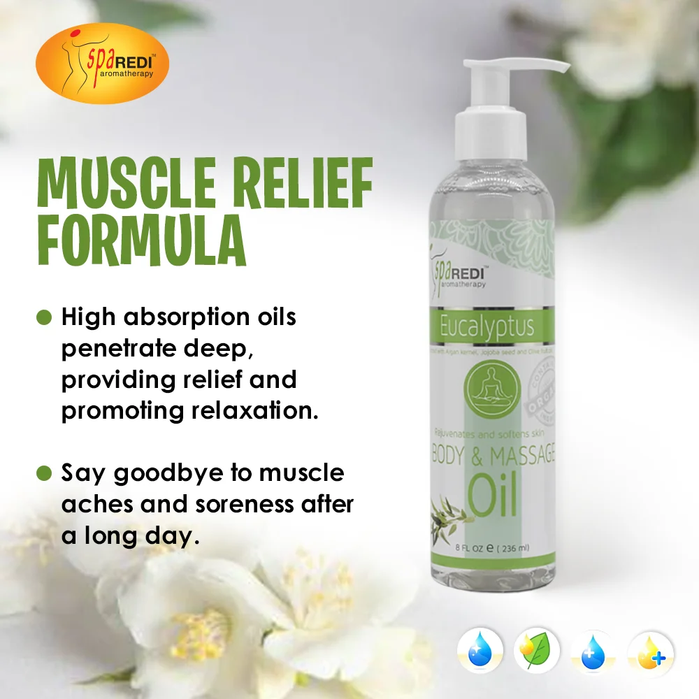 SPA REDI - Massage Oil, Eucalyptus, 8 Oz - Professional Full Body Massage Therapy, Manicure, Pedicure - Relax Sore Muscles and Repair Dry Skin, Enhanced with High Absorption Oils and Vitamin E