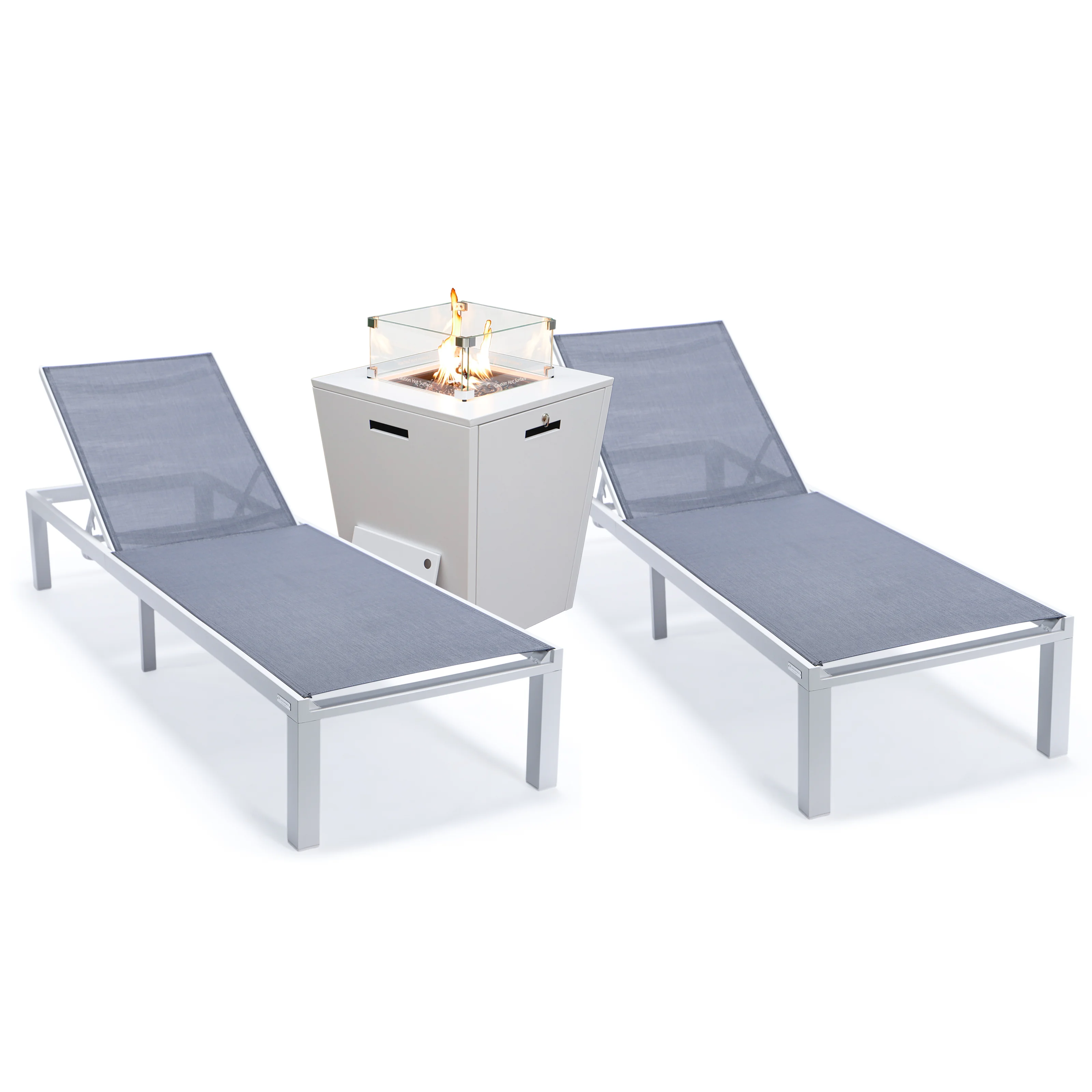 LeisureMod Marlin Modern White Aluminum Outdoor Patio Chaise Lounge Chair Set of 2 with Square Fire Pit Side Table Perfect for Patio, Lawn, and Garden (Dark Grey)