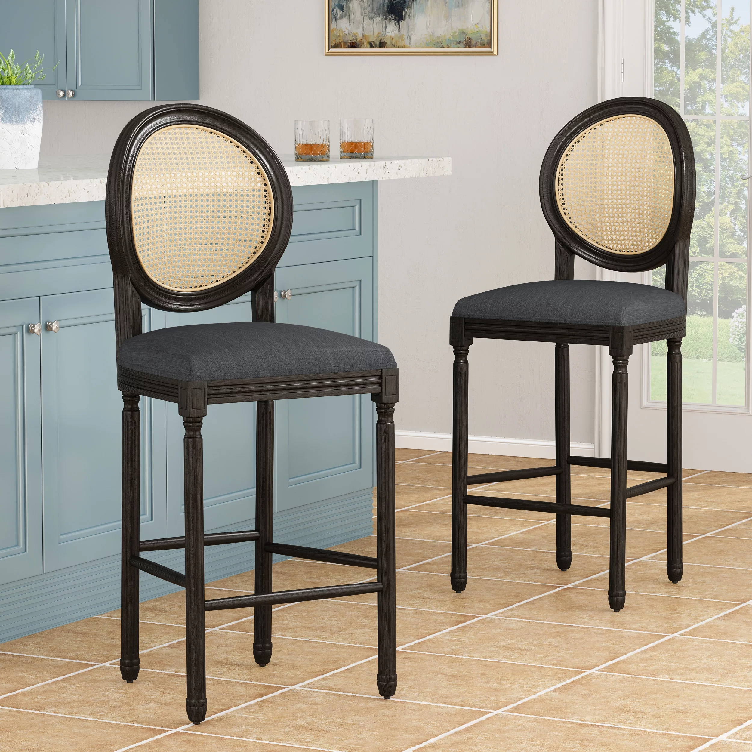 Noble House Chardean Upholstered Wood Barstools, Set of 2, Charcoal