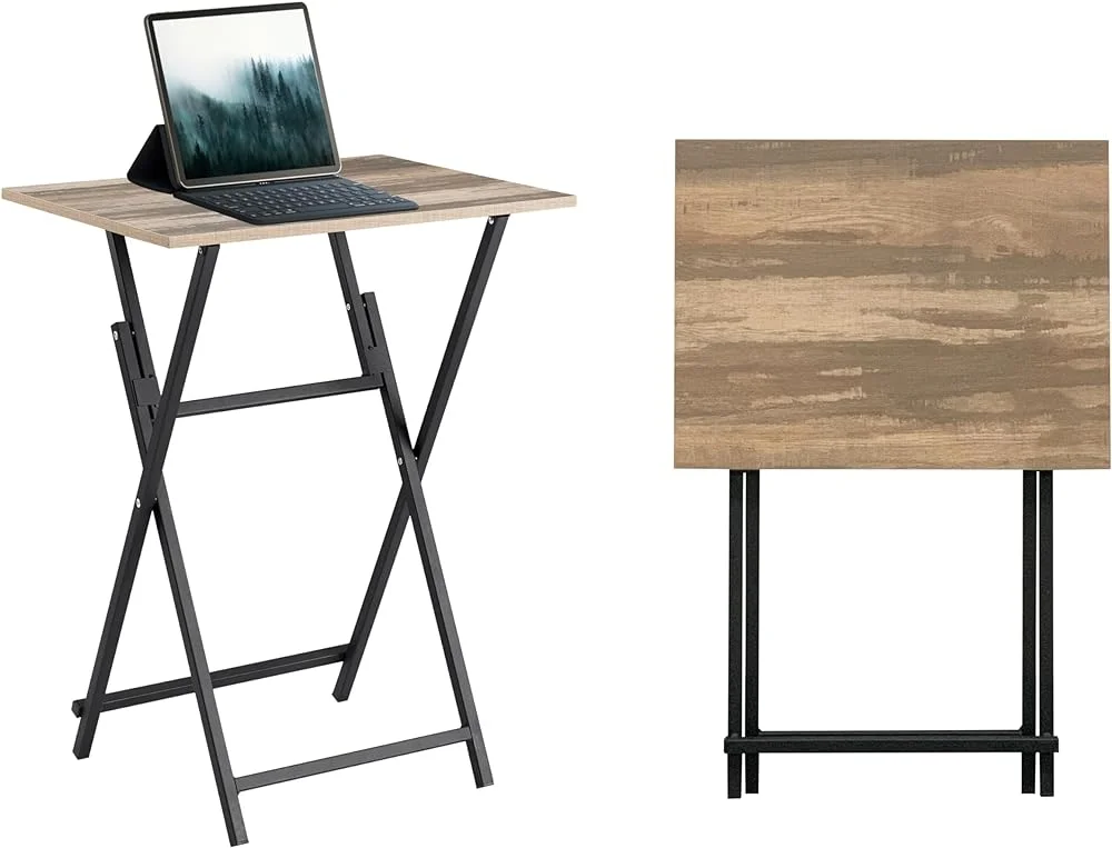 SQWCFD Folding TV Tray  Set of 4  Portable Sofa  Wooden TV Tray  Industrial Snack  End  Dinner   Room  Bedroom  Office  Space-Saving (Set of 4  Rustic Brown)