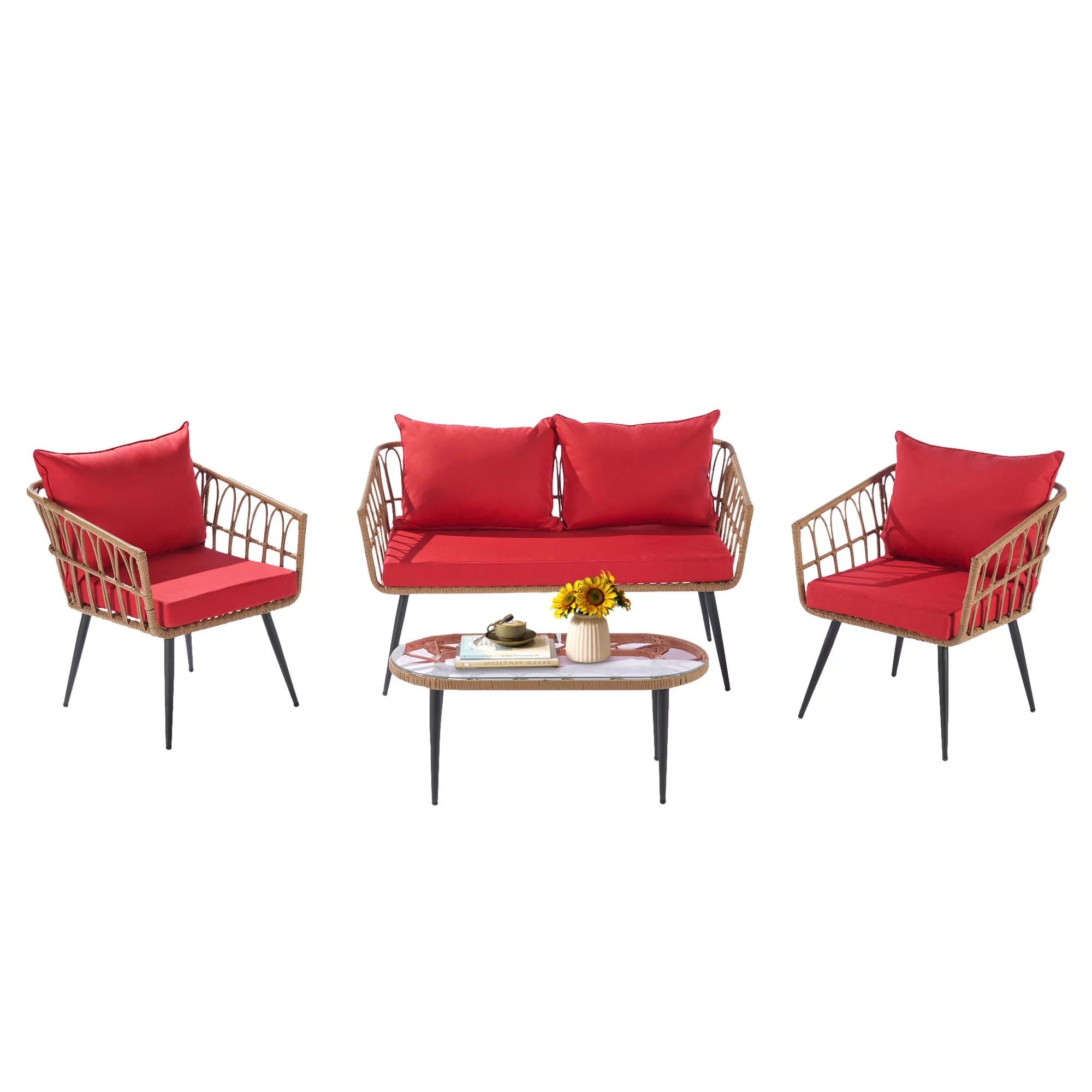 Syngar 4 Piece Patio Furniture Set, All Weather PE Wicker Sectional Chairs Set with Red Cushions, Outdoor Conversation Set with 1 Loveseat, 2 Single Chairs and 1 Coffee Table, for Yard, Deck, Garden