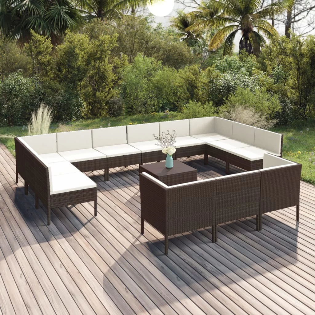 LANTRO JS 14 Piece Patio Lounge Set with Cushions Poly Rattan Brown