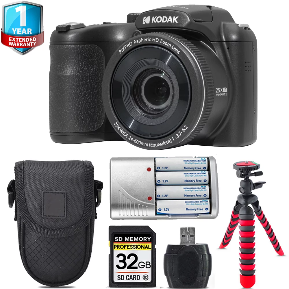 Kodak PIXPRO AZ255 Digital Camera (Black) + 1 Yr Warranty +Tripod + Case -32GB Kit