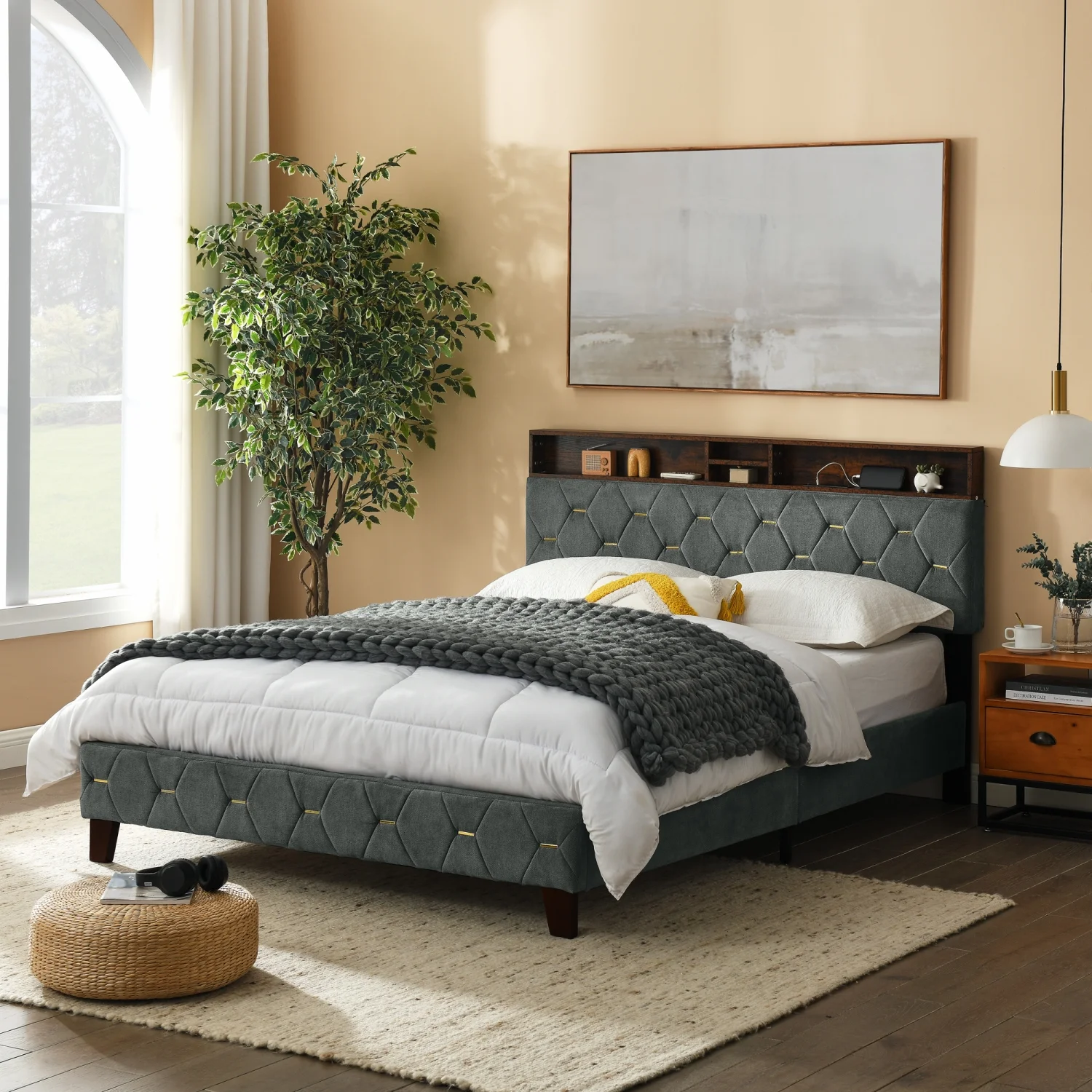 Elegant Queen Size Upholstered Headboard Platform Bed with Wood Legs  Built-In Outlet & USB Ports  No Box Spring Needed  Easy Assembly - Grey Color