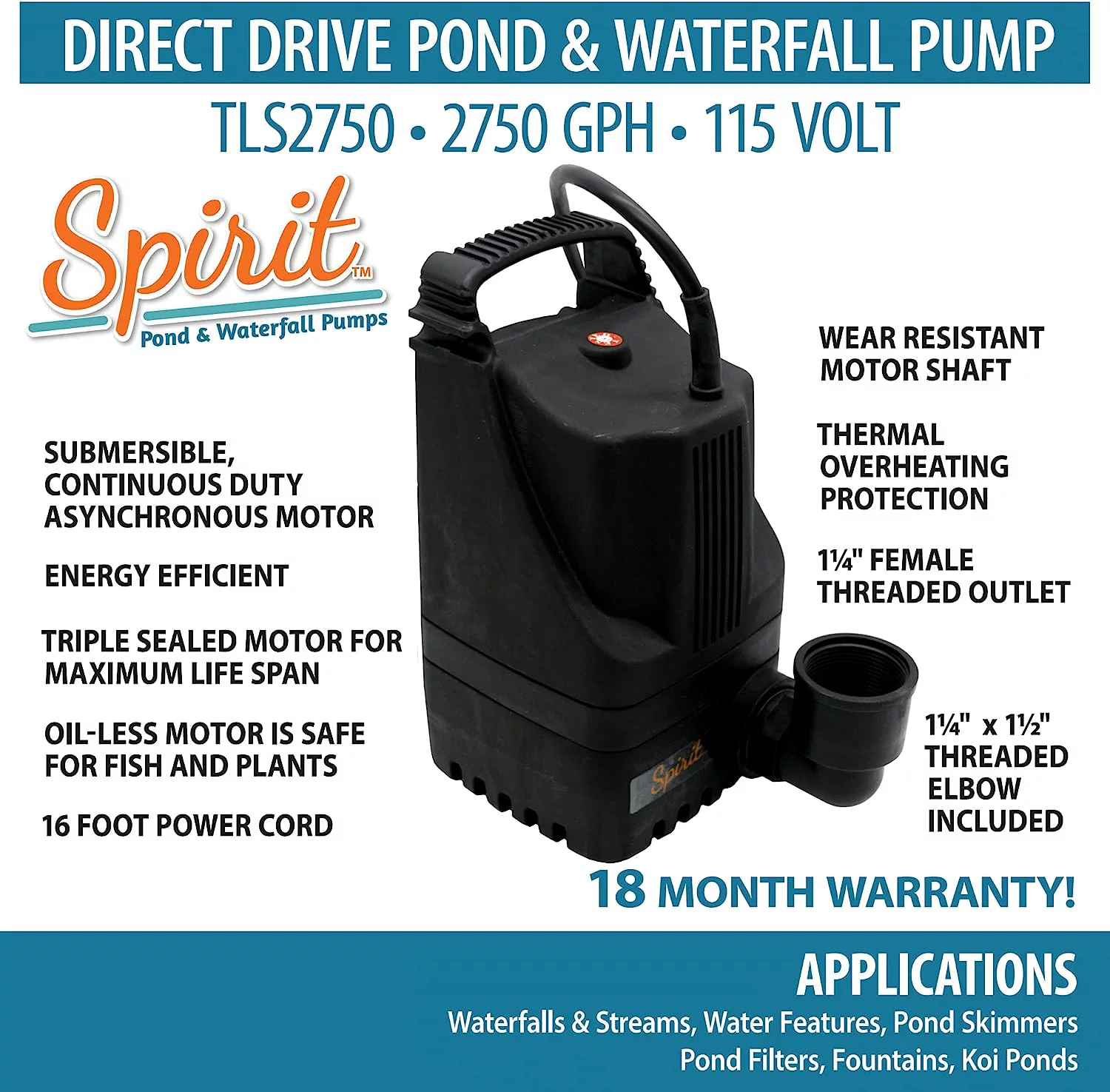EasyPro TLS2750 Spirit Pond and Waterfall Pump , Pond and Stream Pump, 2750 GPH , Reliable Energy Efficient , Unique Compact Design , Oil-less - Fish and Plant Safe ,,115Volts / 370Watts ,20 power cord