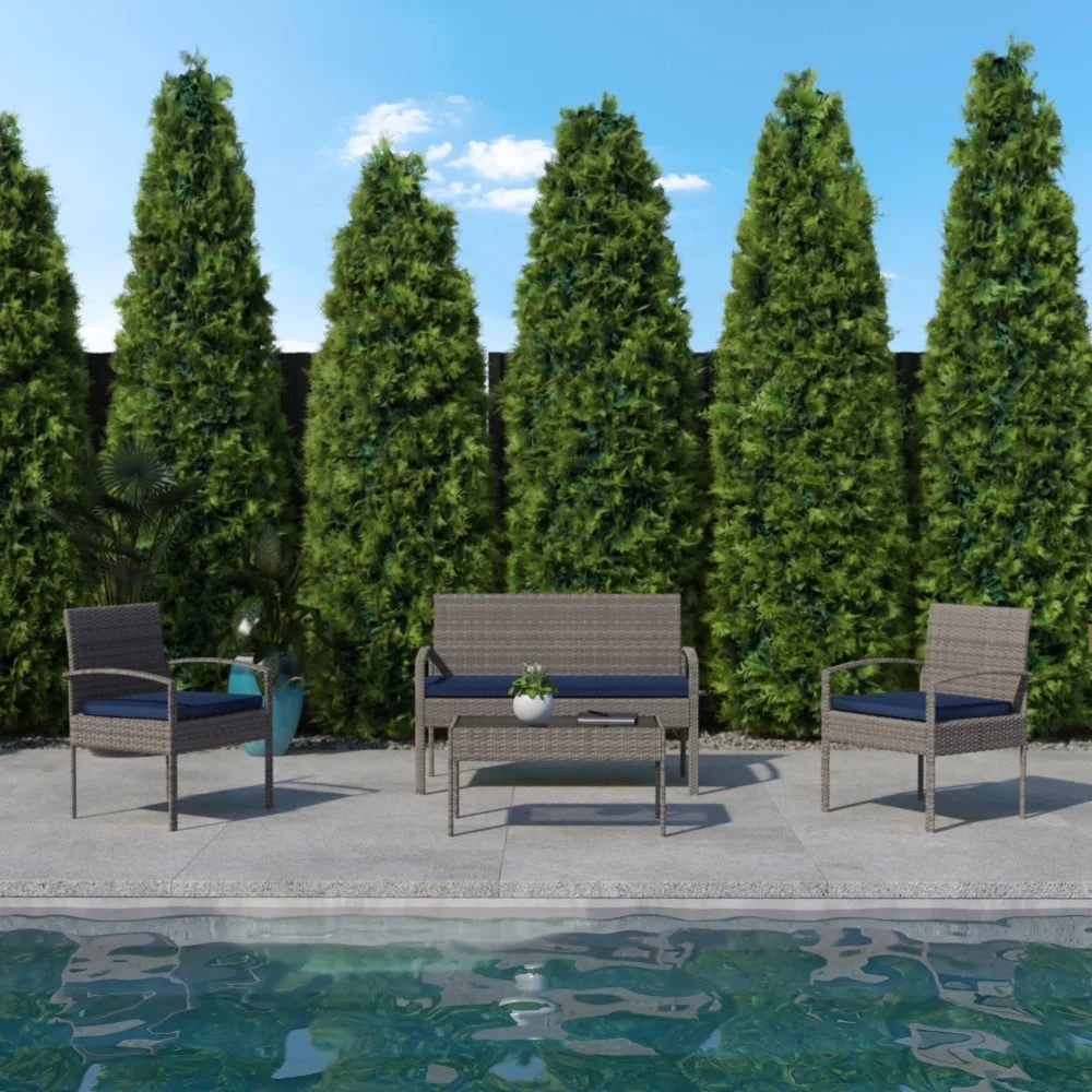 Flash Furniture 4 Piece Patio Set with Steel Frame and Cushions - Outdoor Seating Light Gray/Navy