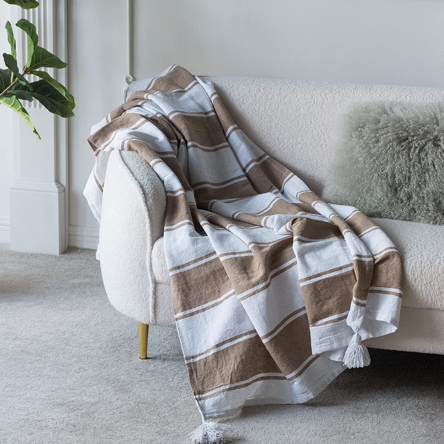 A&B Home Throw Blanket - Brown and White Stripe Woven Cotton Blend Blanket, 50
