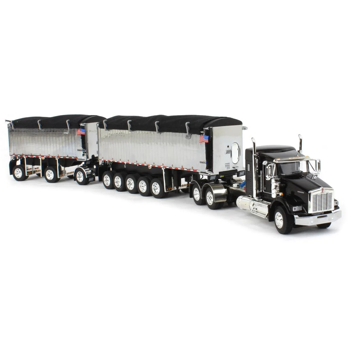 First Gear 1/64 Black/Chrome Kenworth T800 w/ Chrome East Genesis II End Dump Trailers, DCP, 60-1572