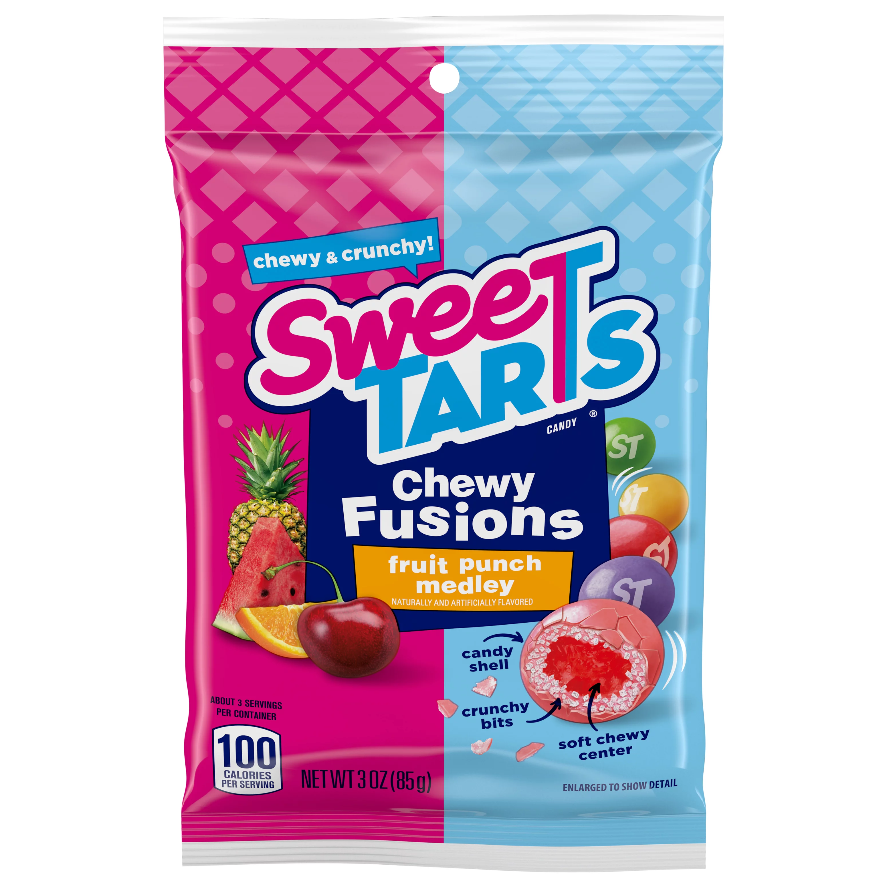 Two 3 oz Mini Single Serve Bag Sweetarts Chewy Fusions Fruit Punch Medley-Candy Shell, Crunchy Bits and Soft Chewy Center,