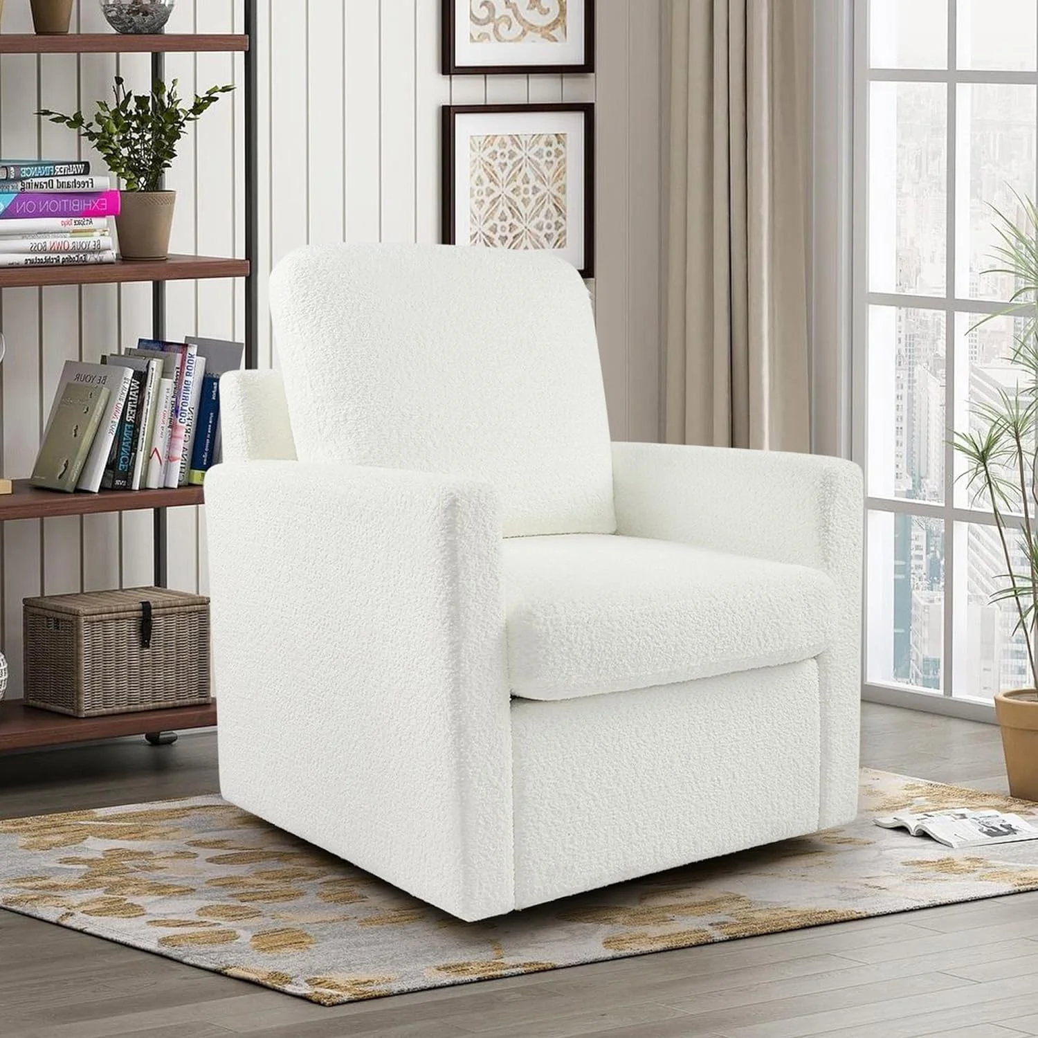 TJCGDTY Furry Swivel Chair Comfy Teddy Accent Armchair Cozy Fuzzy Boucle Club Chair Snug Fluffy Soft Padded Single Sofa Reading Chair with Pillow and Cushion for Living Room Office  White