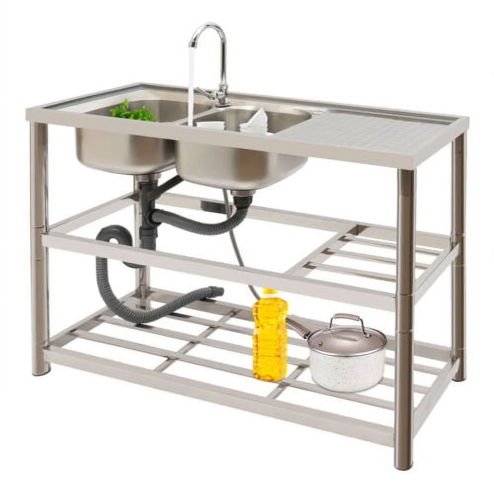 Stainless Steel Commercial Sink Utility Sink 2 Compartment Kitchen w/Prep Table