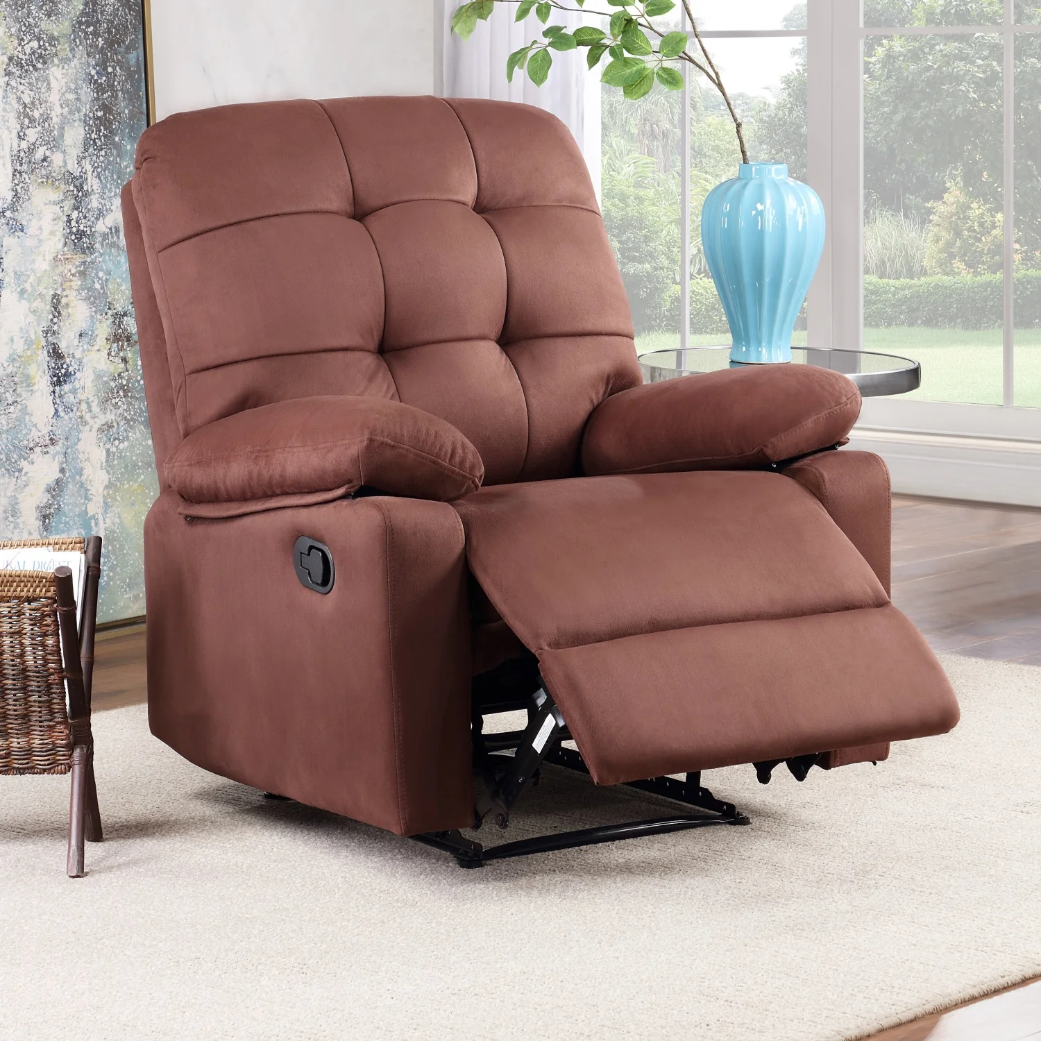 Contemporary Plush Chocolate Microfiber Motion Recliner Chair - Manual Reclining  Tufted Back  Plush Armrest - Comfortable Couch for Living Room Furniture