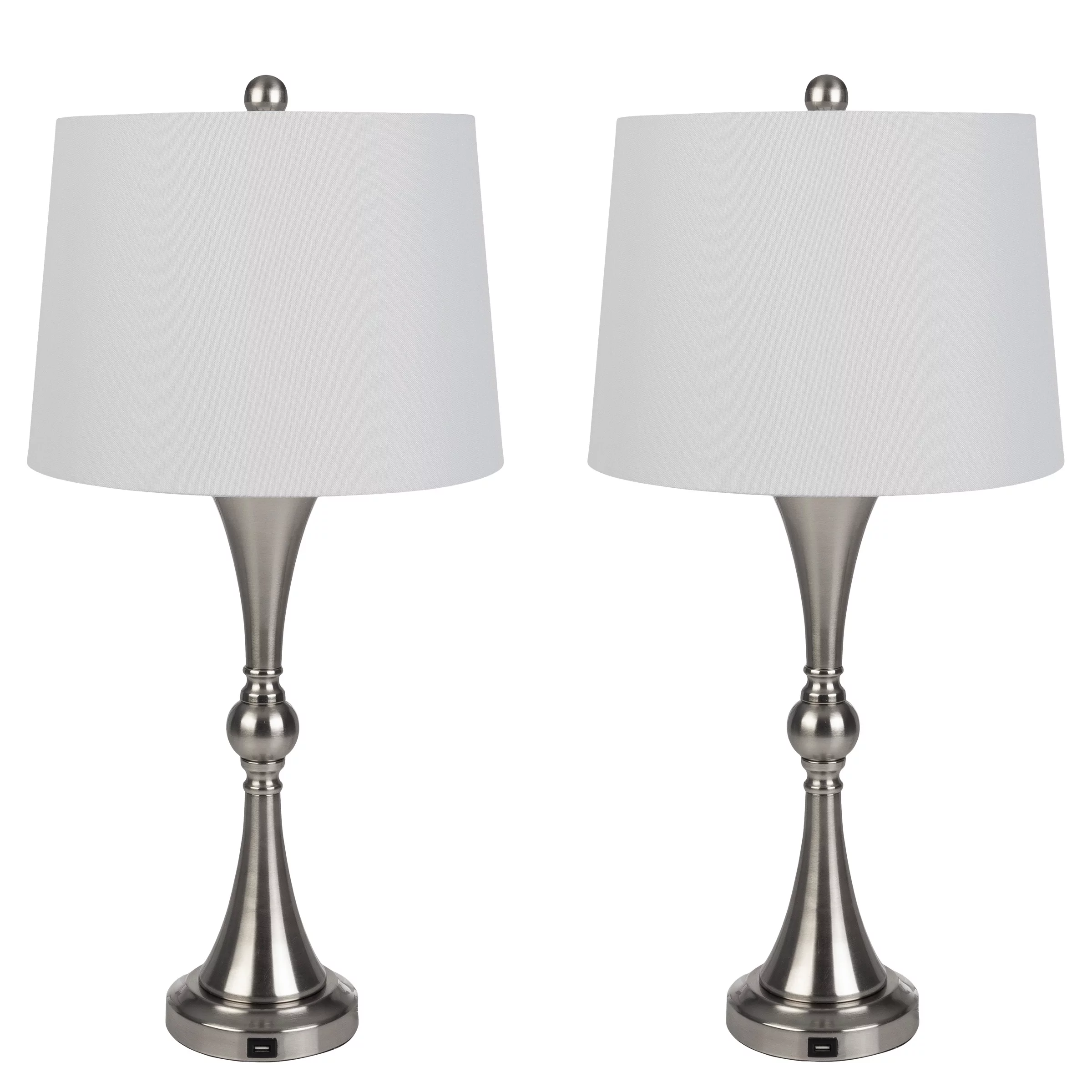 Lavish Home Set of 2 Table Lamps with USB Charging Ports (Brushed Silver)