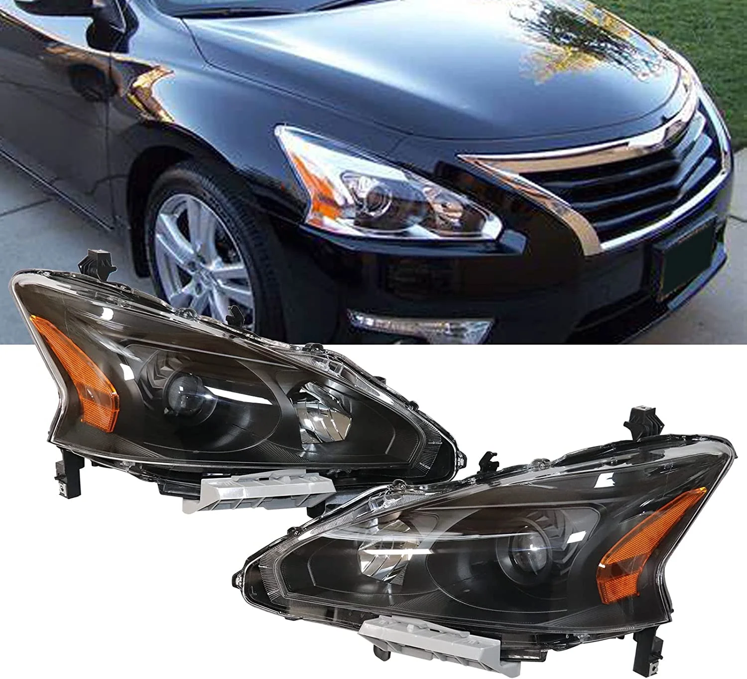 DENEST Black Housing Headlight Assembly Replacement Compatible with 2013 2014 2015 Altima Sedan Halogen Headlight NI2502208 NI2503208 - Passenger and Driver Side