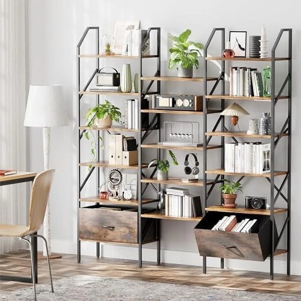 TQSBRZJ Triple 6 Tier Bookshelf with Drawers  Wide Bookcase with 17 Open Display  Shelves  Large Book  Book Case for Home & Office (Black  6 Tier)