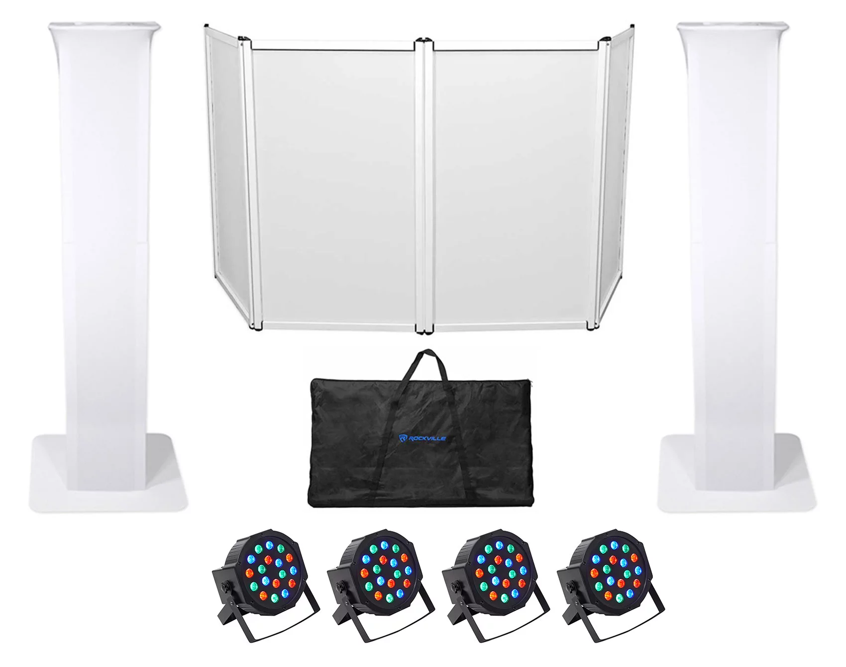 2) Rockville Totem Moving Head Light Stands+Black+White Scrims+Facade+Lights