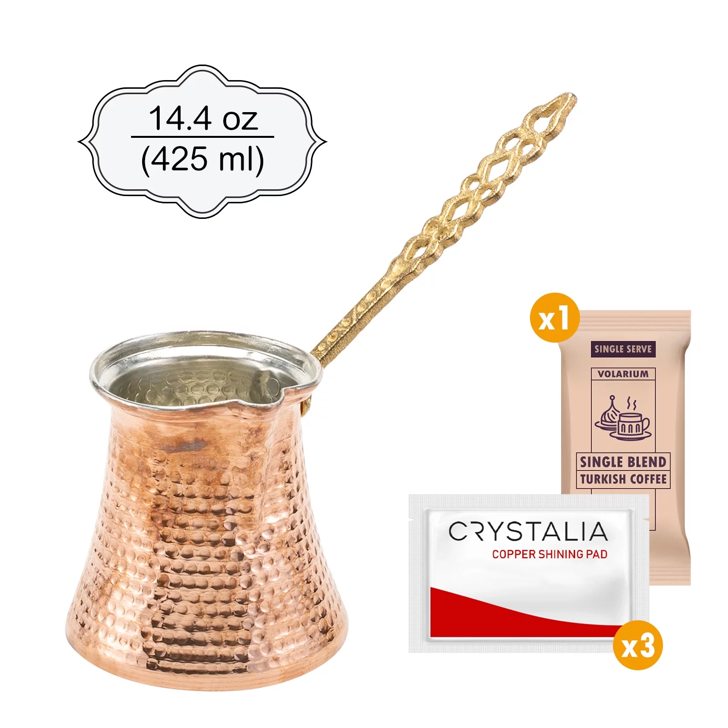 Crystalia Coffee Pot for Turkish Greek Arabic Coffee, Hammered Copper Coffee Cezve, Stove Top Coffee Maker,14.4 fl oz