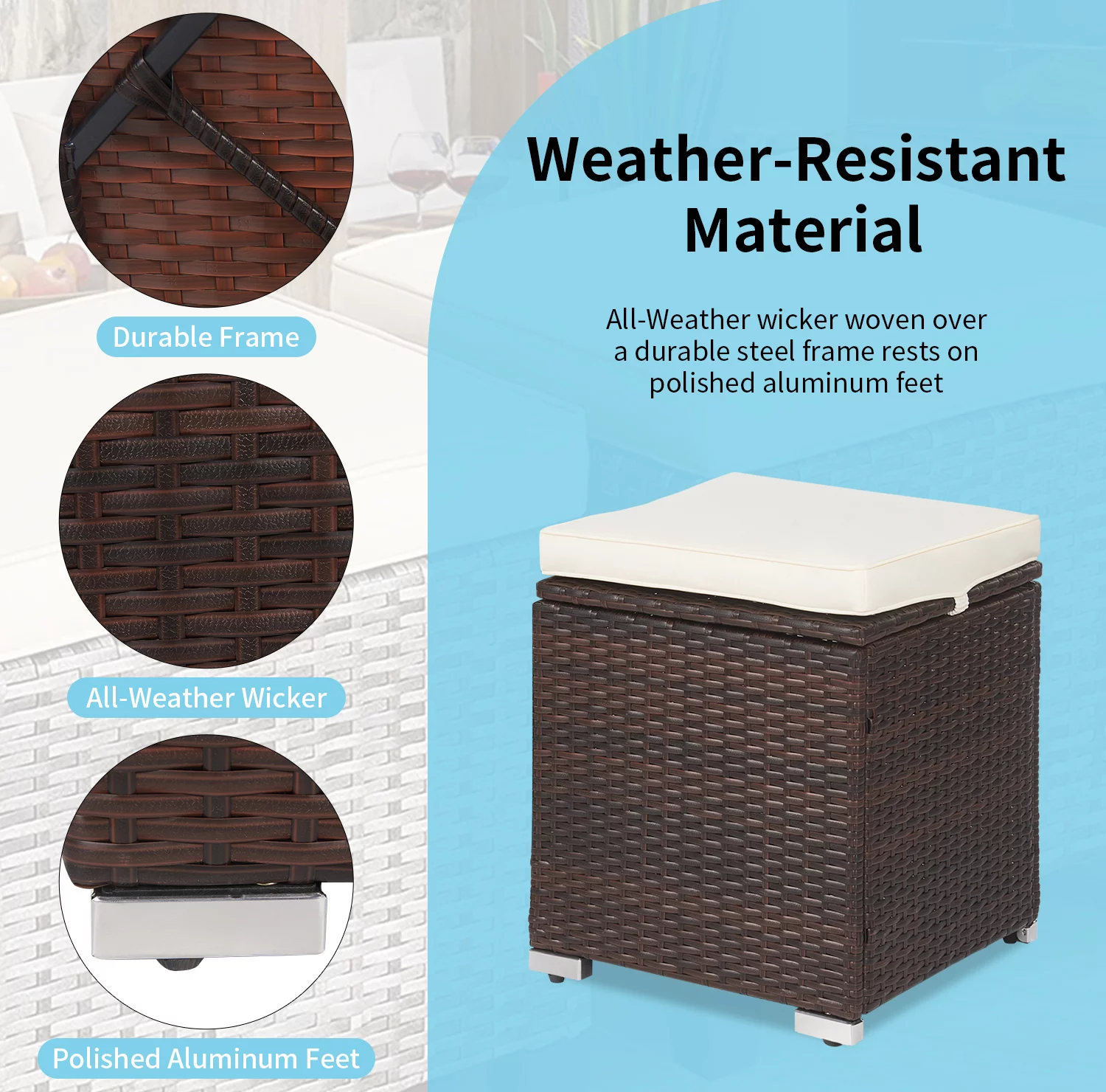 YRLLENSDAN Wicker Ottomans Seat Set of 2 Patio All Weather Rattan Ottomans Outdoor Footstool Footrest Seat Additional Seating Side Table with Storage,Removable Cushion for Patio Garden Poolside,Khaki