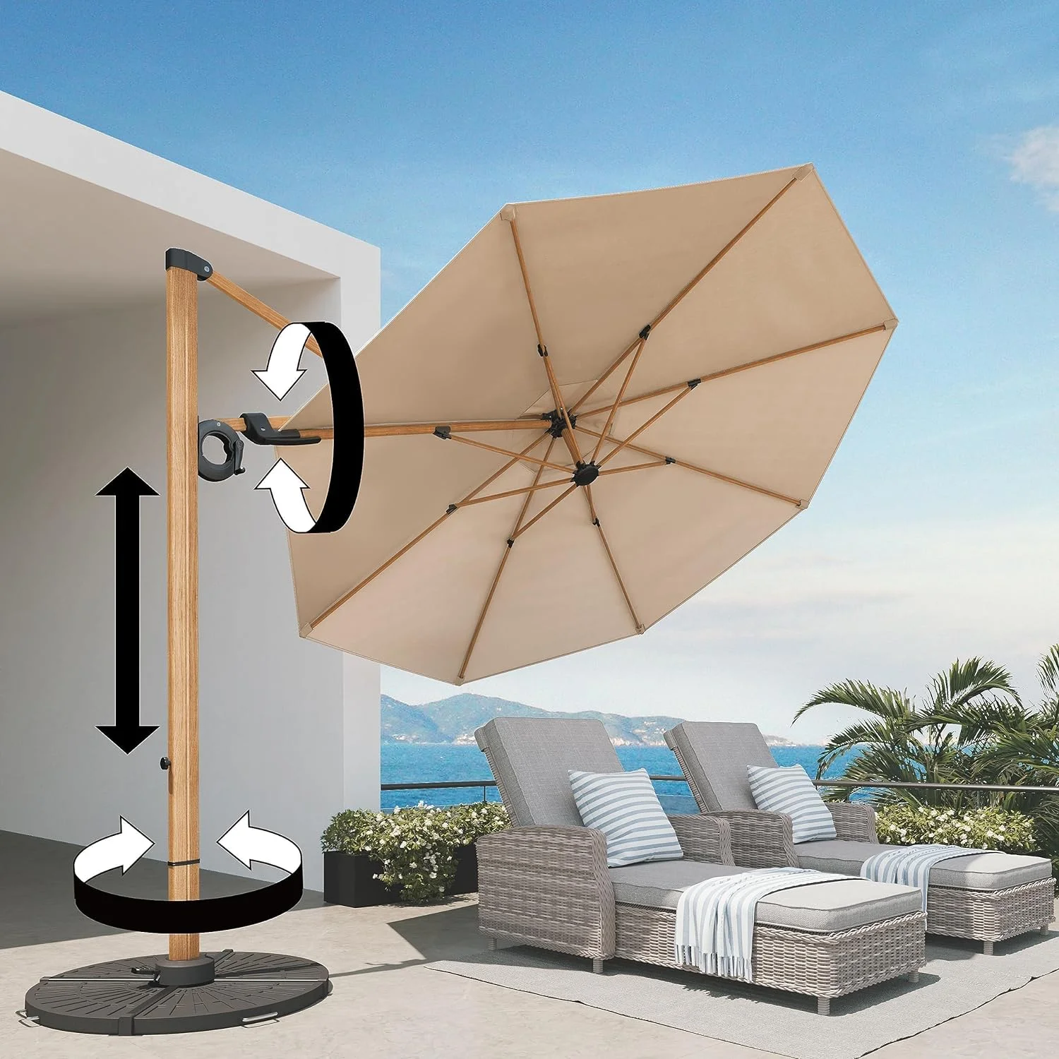 Grand Patio 10-Ft Offset Patio Umbrella, Cantilever Umbrella with Crank & Dual Tilt, Faux Wood Grain Aluminum Large Umbrella, Champagne