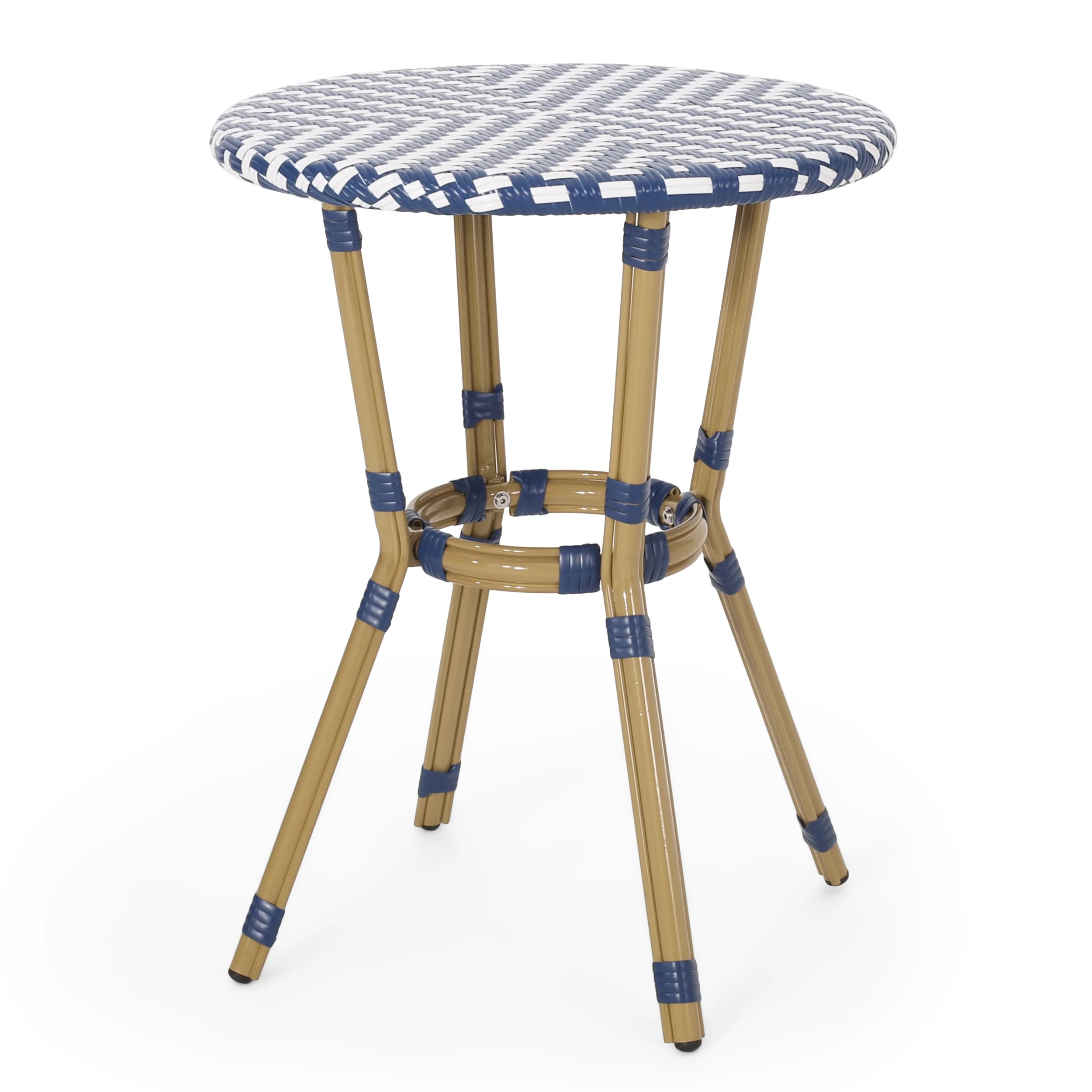 GDF Studio Deshler Outdoor Aluminum and Wicker French Bistro Table, Navy Blue, White, and Bamboo Finish