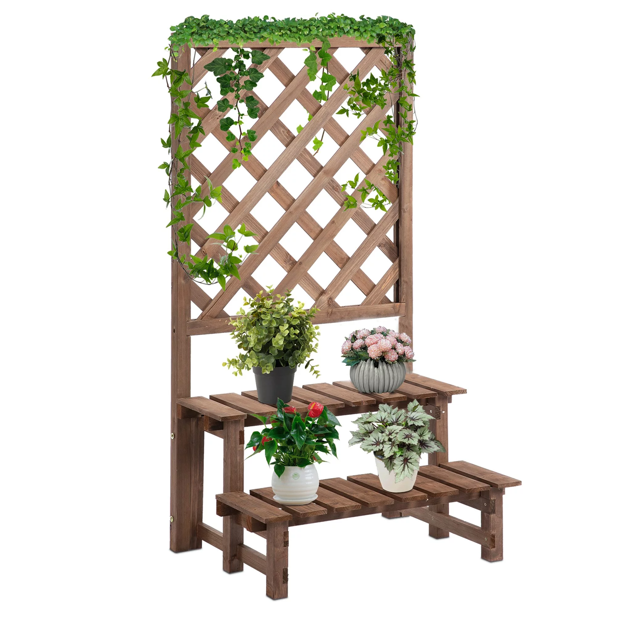 Outsunny 2-Level Wooden Garden Plant Stand with Climbing Vine Trellis, Brown