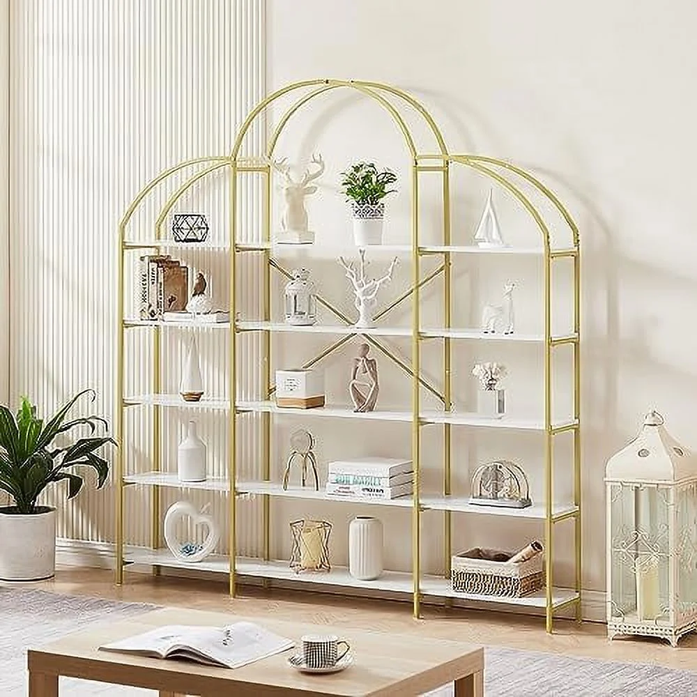 HBBOOMLIFE Modern Round Bookcase Bookshelf with  Drawers  70.8-Inch Tall Decorative Metal Frame Etagere 4-Tier Open Display  Book Shelves for Living Room Home Office (Gold & White)