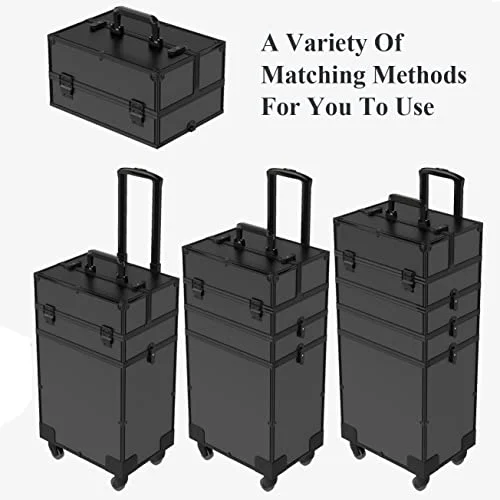 5 in 1 Rolling Makeup Train Case Professional Large Storage Cosmetic Trolley Makeup Organizer Makeup Travel Case with Key Swivel Wheels Salon Barber Case Traveling Cart Trunk, 32.7