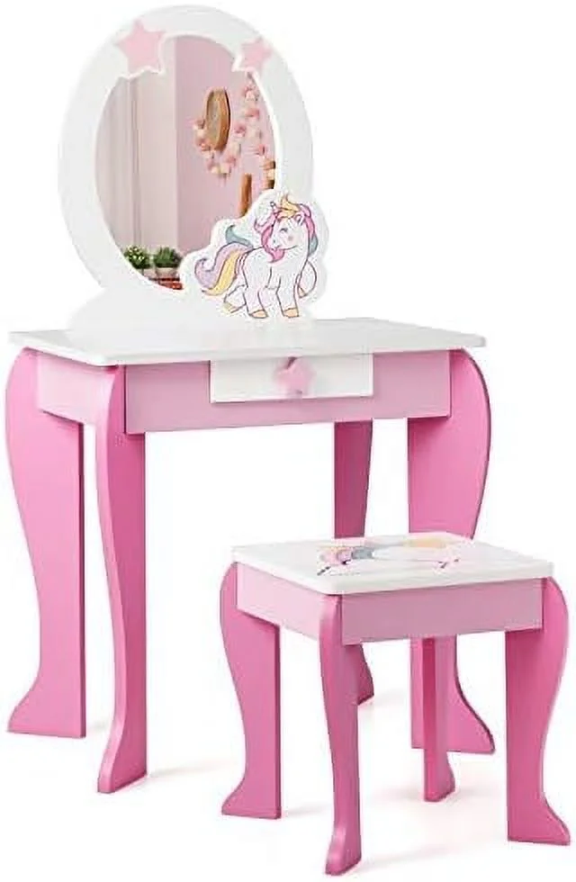 CKPFVY Vanity Set with Mirror  2 in 1 Wooden Princess  Dressing Table with Detachable Top  Toddler Girls Vanity with Drawer & Stool  Pretend Play Vanity Set for Little Girls  White