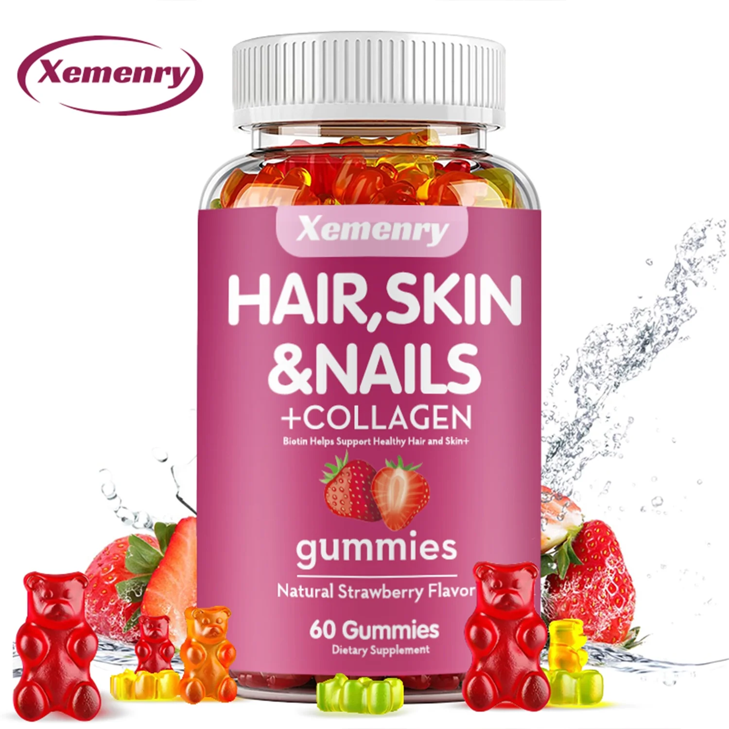 Xemenry Hair, Skin and Nails Gummies-with Biotin,Collagen-Suitable for Hair,Nails,Skin(30/60/100pcs)