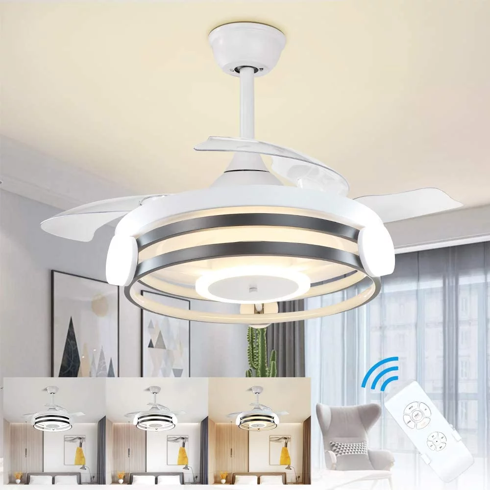 Depuley Retractable Dimmable LED Ceiling Fan Light Remote 3-Color 6-Speed Chandelier, Low Profile Ceiling Fan with Light, Timing