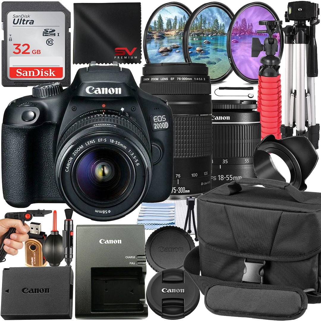 Canon EOS 2000D / Rebel T7 DSLR Camera Bundle with 18-55mm + 75-300mm Lens + 32GB SanDisk Card + Case + Filter Kit + Tripod + SV Premium Accessory